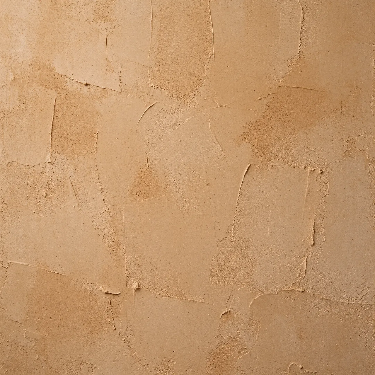 Full frame close-up of warm tan knockdown drywall texture with trowel marks and soft side lighting