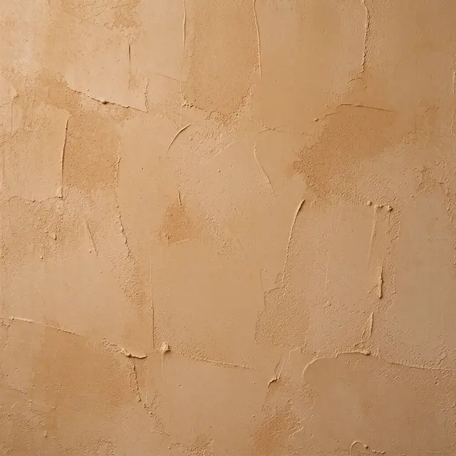 Full frame close-up of warm tan knockdown drywall texture with trowel marks and soft side lighting
