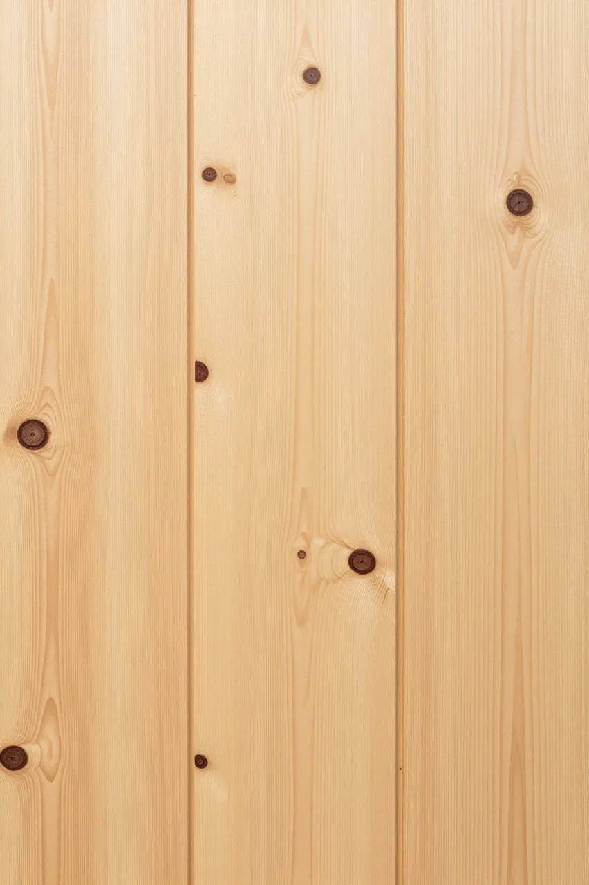 Full frame close-up of light yellow pine wood planks with dark round knots and even lighting