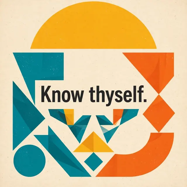Mid-century modern geometric poster with bold text that reads "Know thyself." against a textured cream background