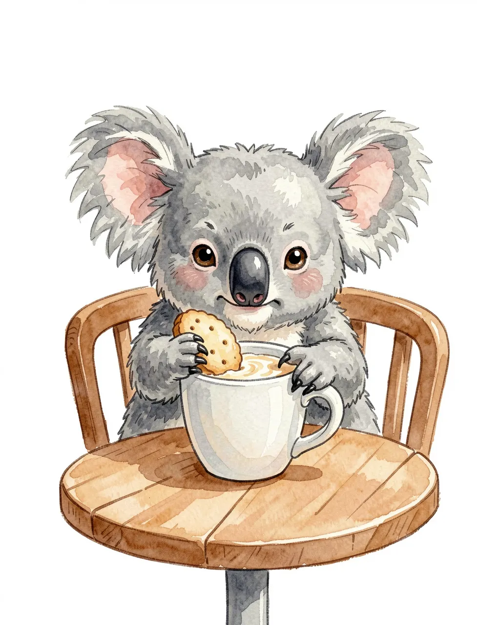 A cute watercolor koala sits at a small cafe table dunking a biscuit into a mug of warm milk.