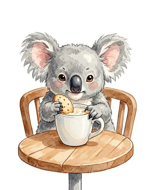 A cute watercolor koala sits at a small cafe table dunking a biscuit into a mug of warm milk.