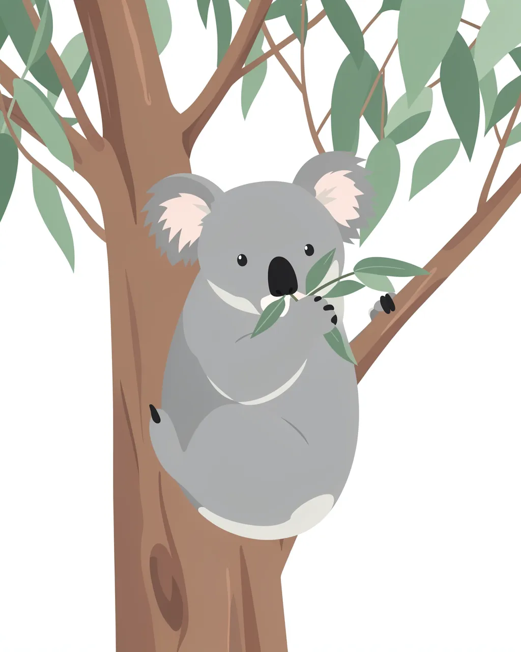 Cute flat vector koala clinging to a eucalyptus tree trunk while chewing green leaves