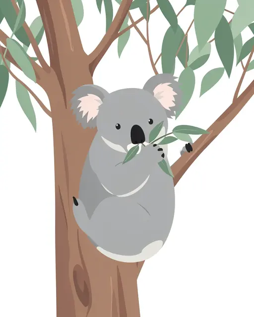 Cute flat vector koala clinging to a eucalyptus tree trunk while chewing green leaves