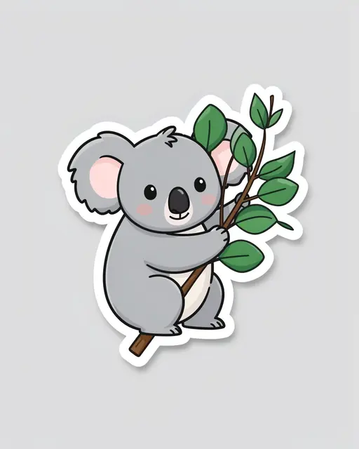 Cute flat cartoon koala hugging a eucalyptus branch as a die-cut sticker with a thick white border on a light gray background