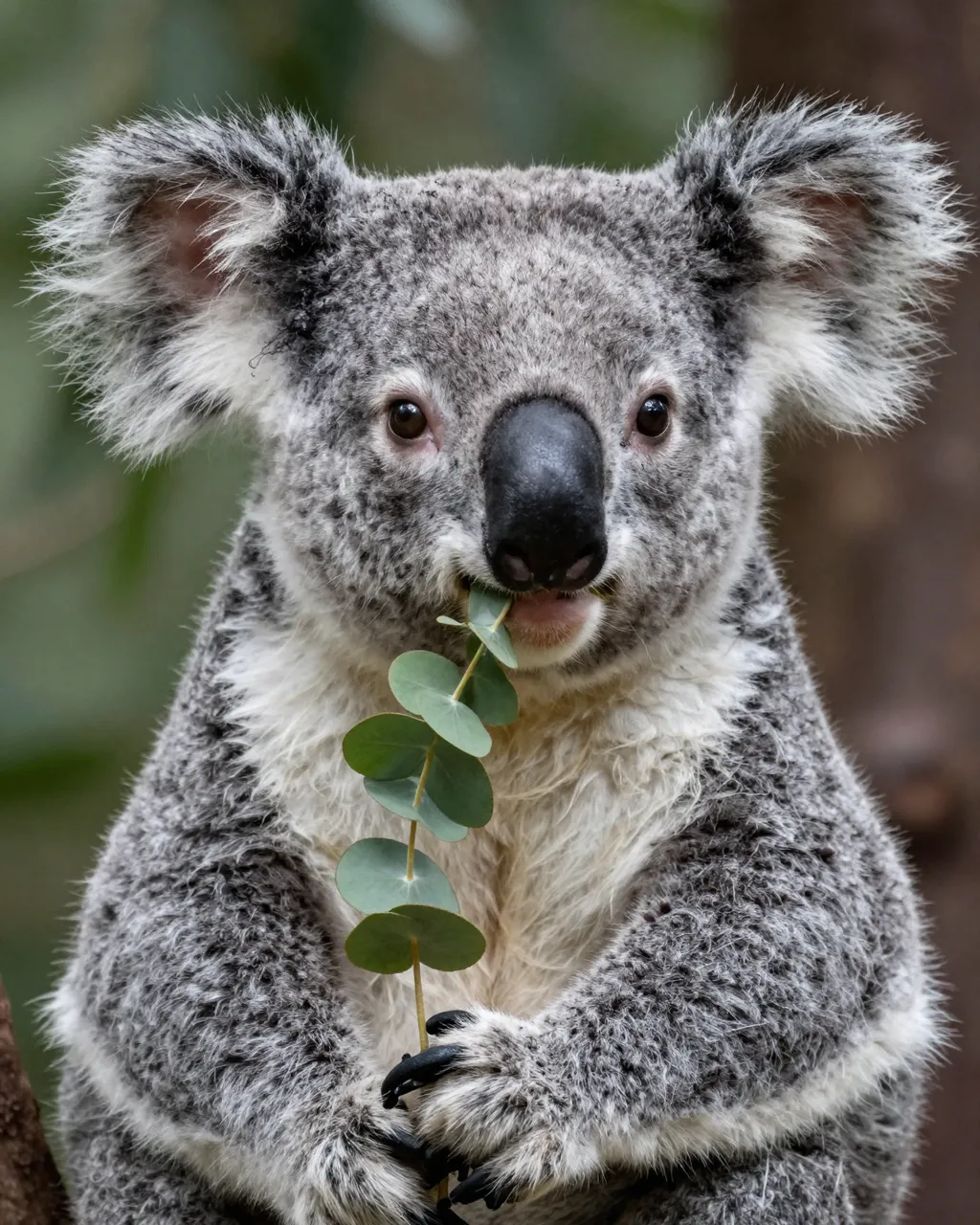 A close-up of a fluffy gray koala holding and chewing a eucalyptus sprig while facing the camera