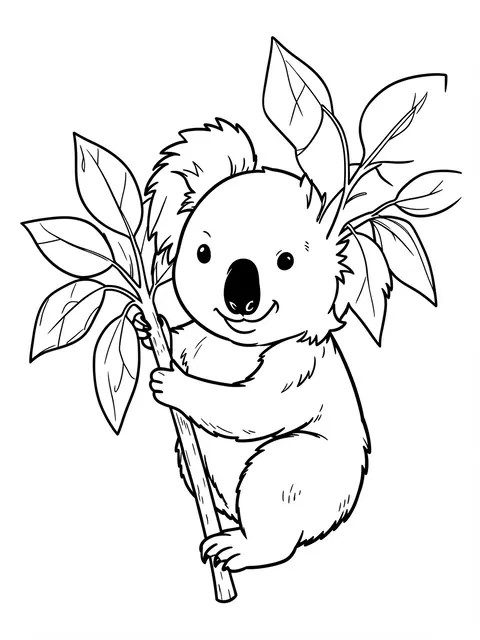 Black and white line art of a smiling koala holding a leafy eucalyptus branch
