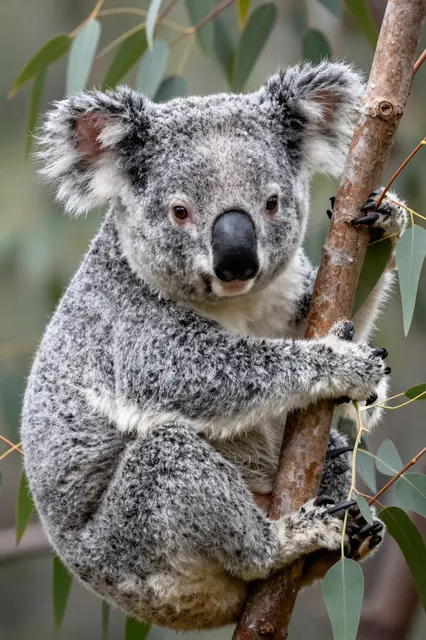 A fluffy gray koala grips and wraps around a eucalyptus branch, looking toward the camera