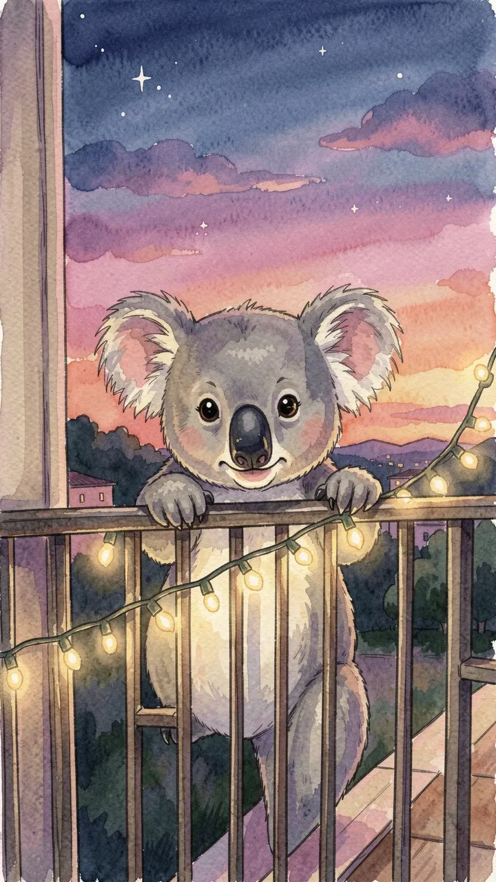 A cute illustrated koala leans on a balcony railing beside glowing fairy lights at colorful twilight