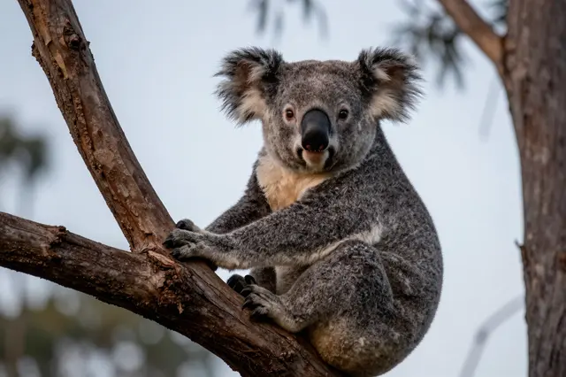 A koala sits upright on a thick tree branch looking toward the camera against a soft pale dusk sky