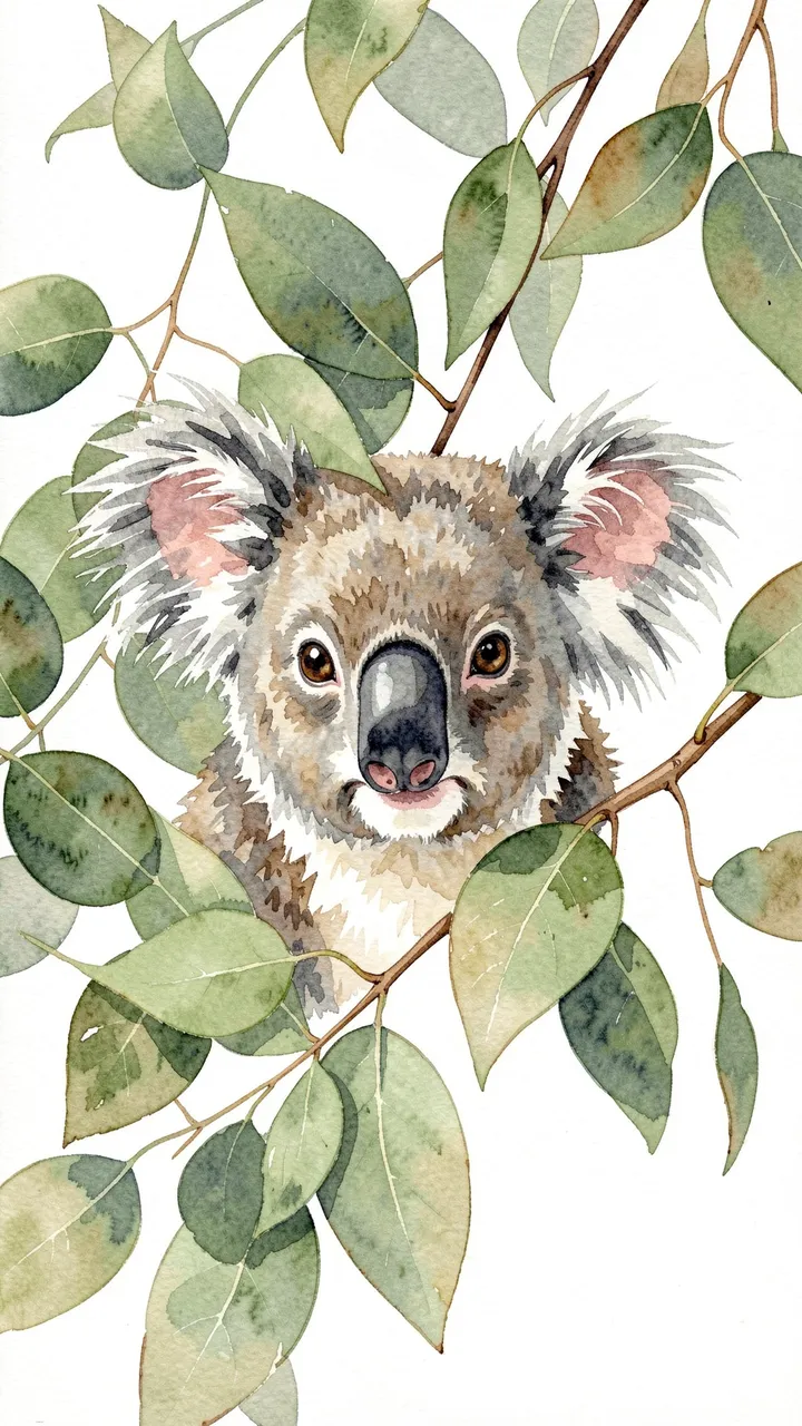 Watercolor illustration of a koala's face peeking out from surrounding eucalyptus leaves against a white background