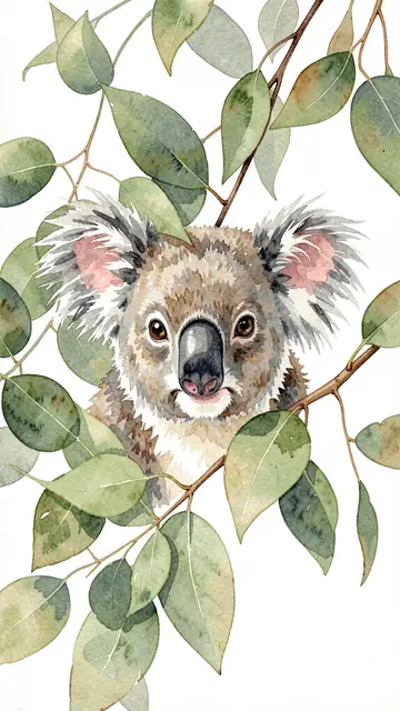 Watercolor illustration of a koala's face peeking out from surrounding eucalyptus leaves against a white background