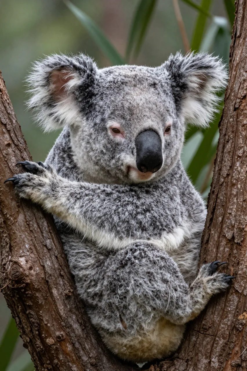 A koala with partially closed eyes sits nestled between two rough tree trunks in foliage.