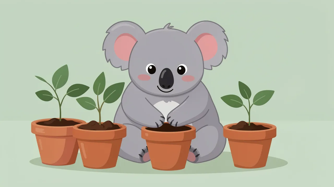 Cute cartoon koala sits between terracotta pots of young eucalyptus seedlings in a soft sage palette