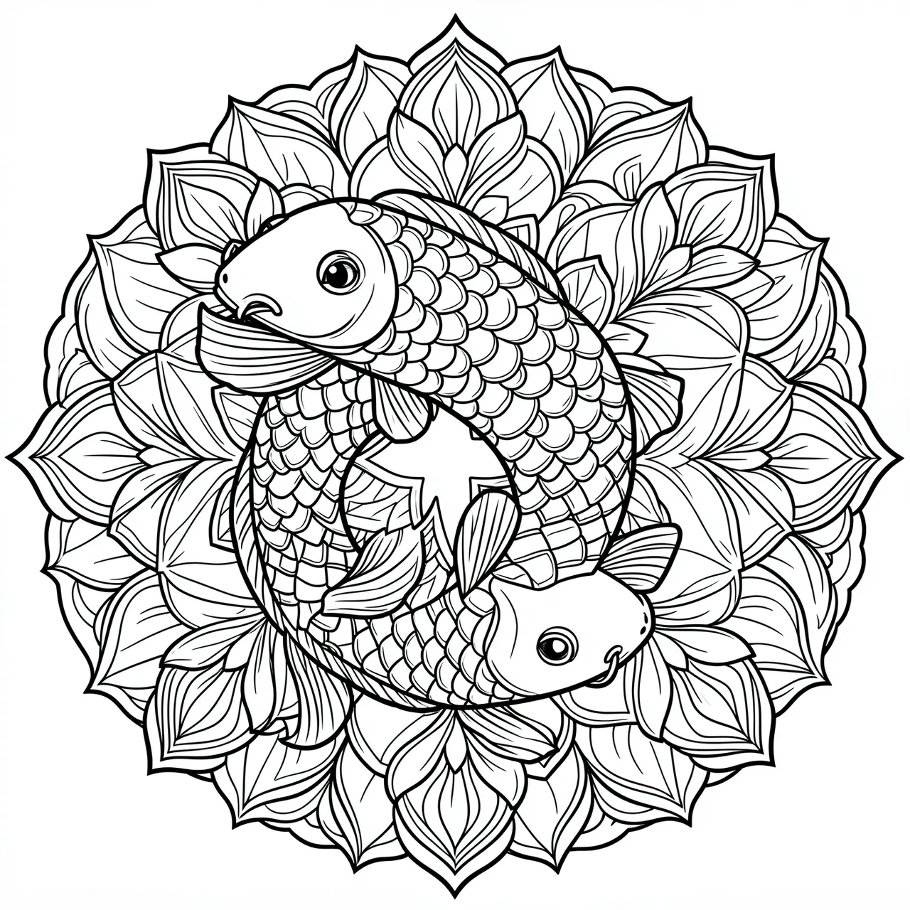 Black and white line art of two koi fish inside an intricate lotus mandala pattern on a plain white background