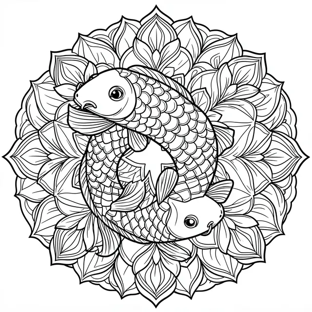 Black and white line art of two koi fish inside an intricate lotus mandala pattern on a plain white background
