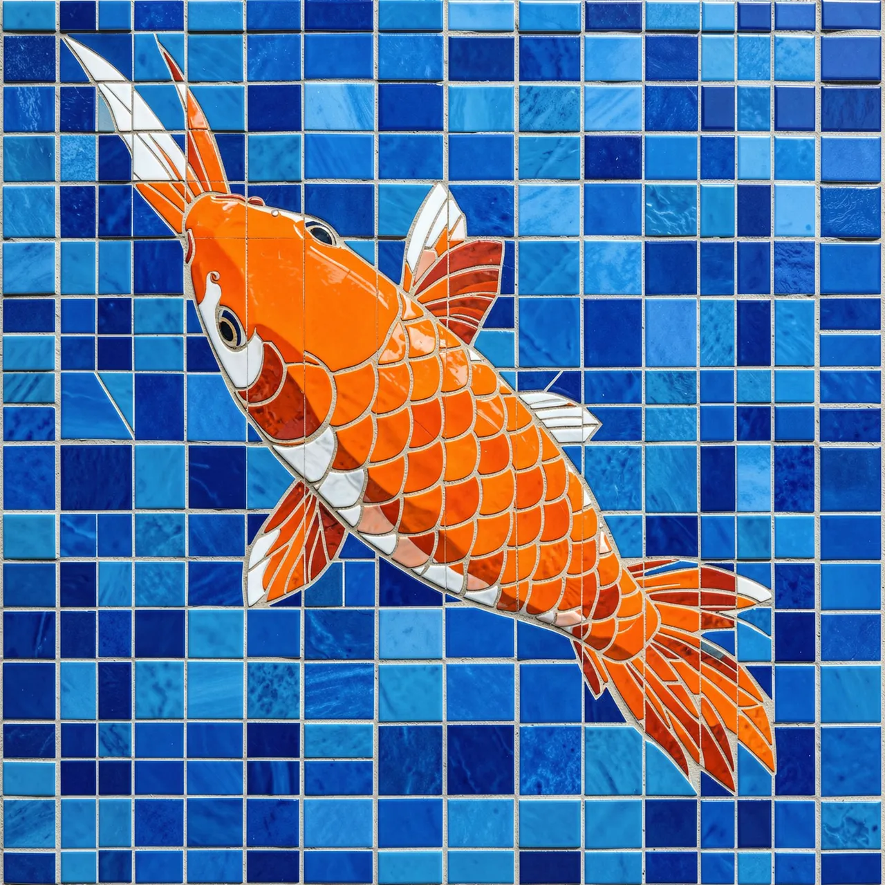 Orange koi fish mosaic set against a background of varying blue square mosaic tiles