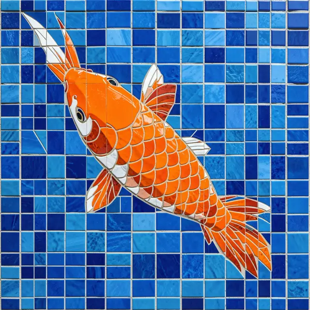 Orange koi fish mosaic set against a background of varying blue square mosaic tiles