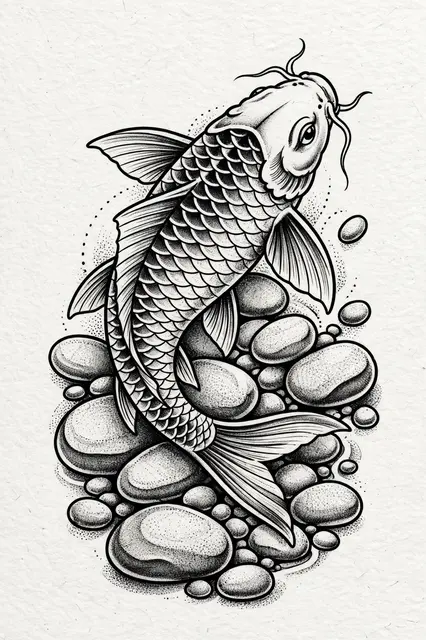 Bold black and grey koi fish illustration swimming upstream over smooth river stones on textured off-white paper