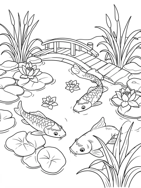 Black and white line art of a koi pond with a footbridge, water lilies, and decorative reeds on a white background