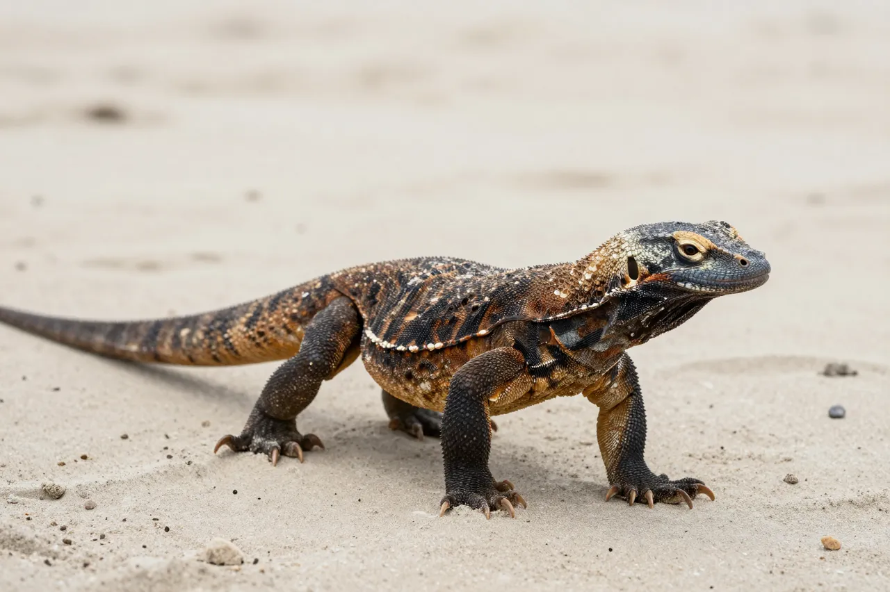 A patterned komodo dragon stands alert on a light sandy beach surface