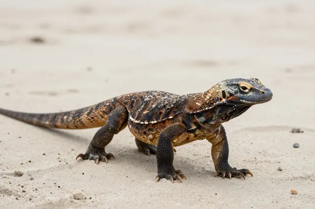 A patterned komodo dragon stands alert on a light sandy beach surface