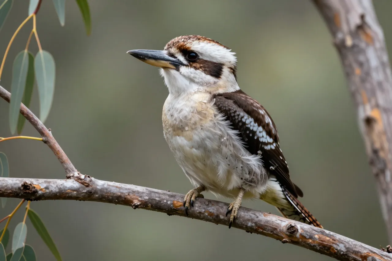 A laughing kookaburra perched steadily on a thin eucalyptus branch against soft blurred foliage.