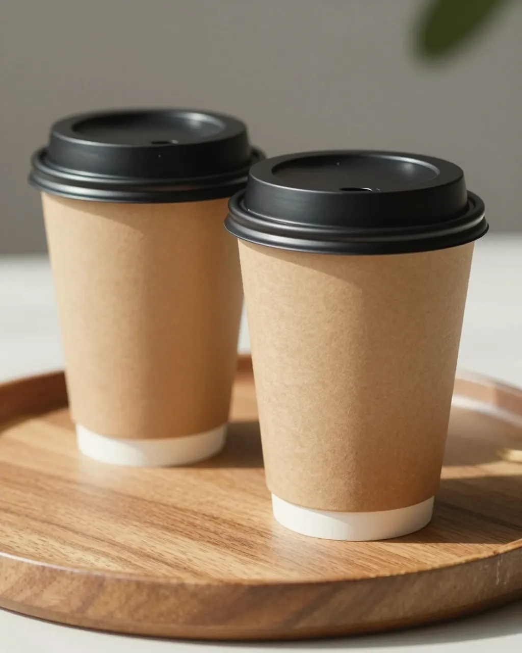 Two plain kraft paper coffee cups with black lids sit on a round wooden tray in soft daylight