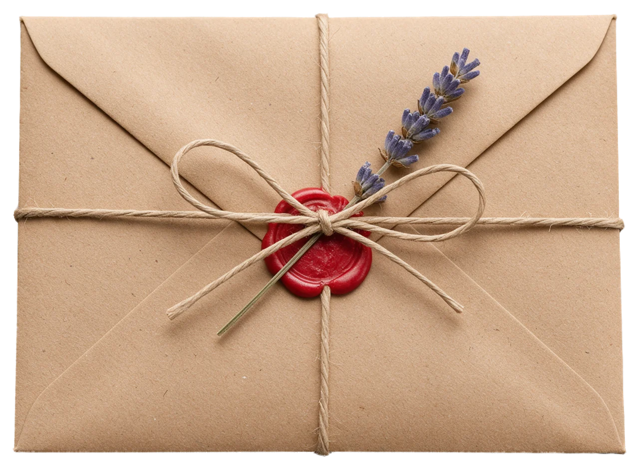 Closed kraft paper envelope tied with twine, red wax seal and dried lavender sprig