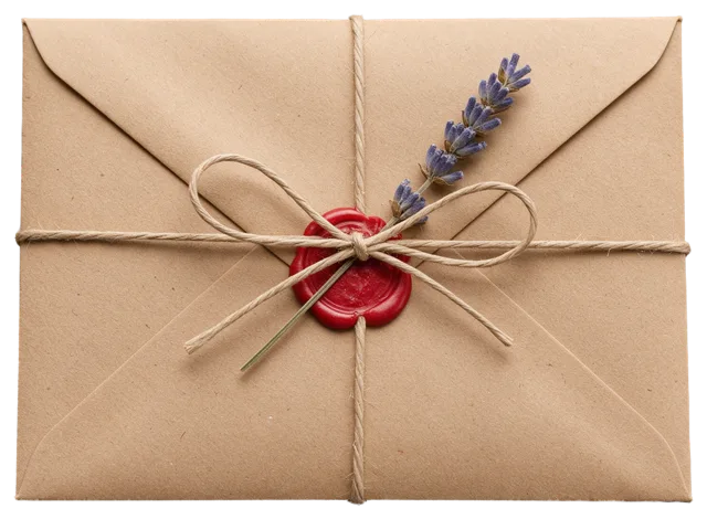 Closed kraft paper envelope tied with twine, red wax seal and dried lavender sprig