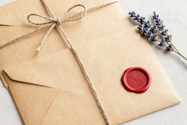 Flat lay of twine-tied kraft paper envelopes with a red wax seal and dried lavender on linen fabric