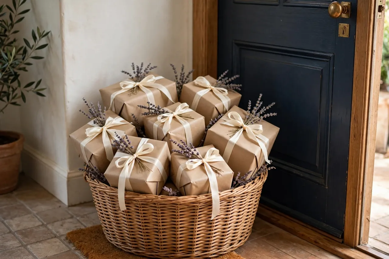 A wicker basket of kraft paper Christmas gifts with lavender and cream ribbon sits by a dark front door.