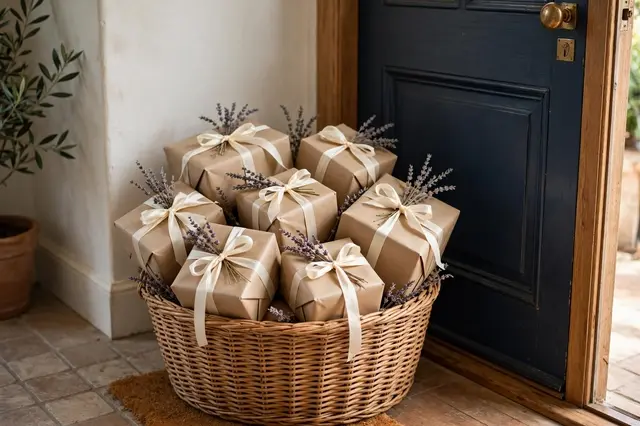 A wicker basket of kraft paper Christmas gifts with lavender and cream ribbon sits by a dark front door.