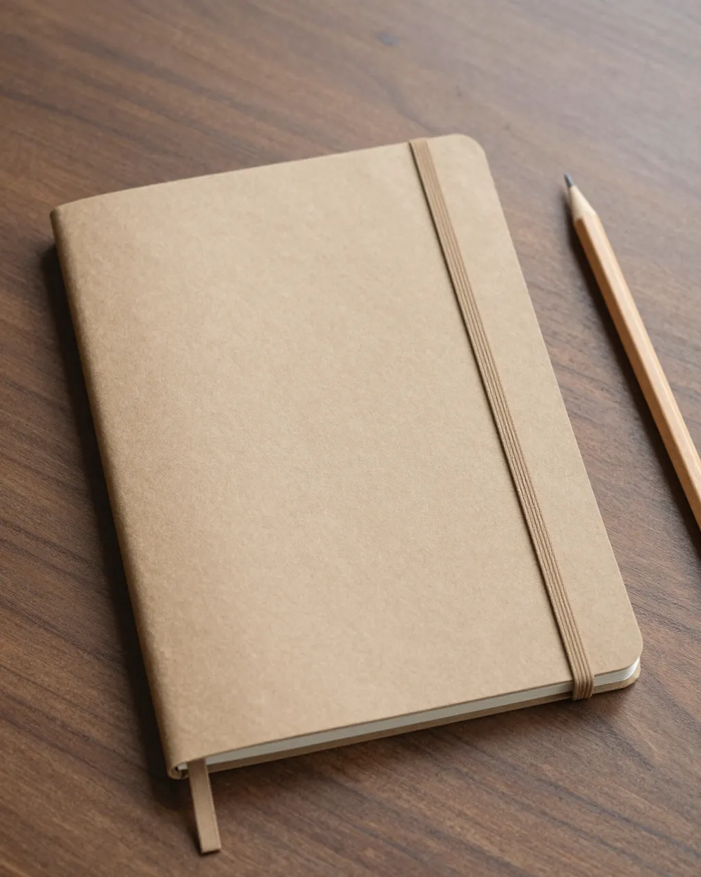 Closed plain kraft notebook with an elastic band sits next to a wooden pencil on a walnut desk.