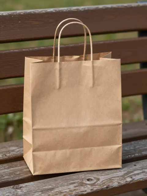 Plain kraft paper shopping bag with twisted handles rests on a weathered outdoor wooden park bench