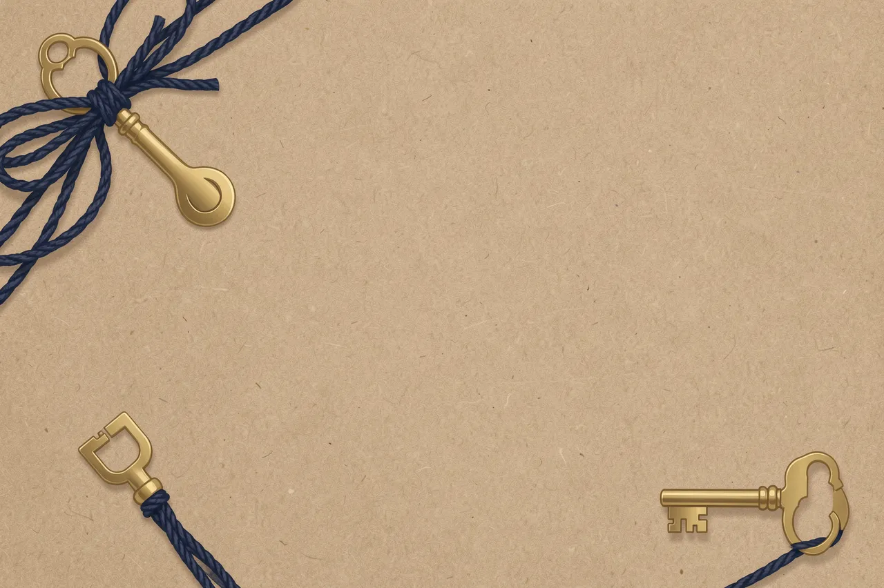 Flat kraft paper background with brass skeleton keys and navy twine placed at the corners, leaving wide empty copy space.