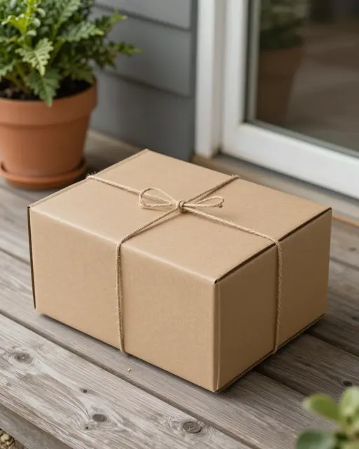Plain kraft cardboard box tied with twine sits on a wooden porch beside a potted houseplant near a door frame.