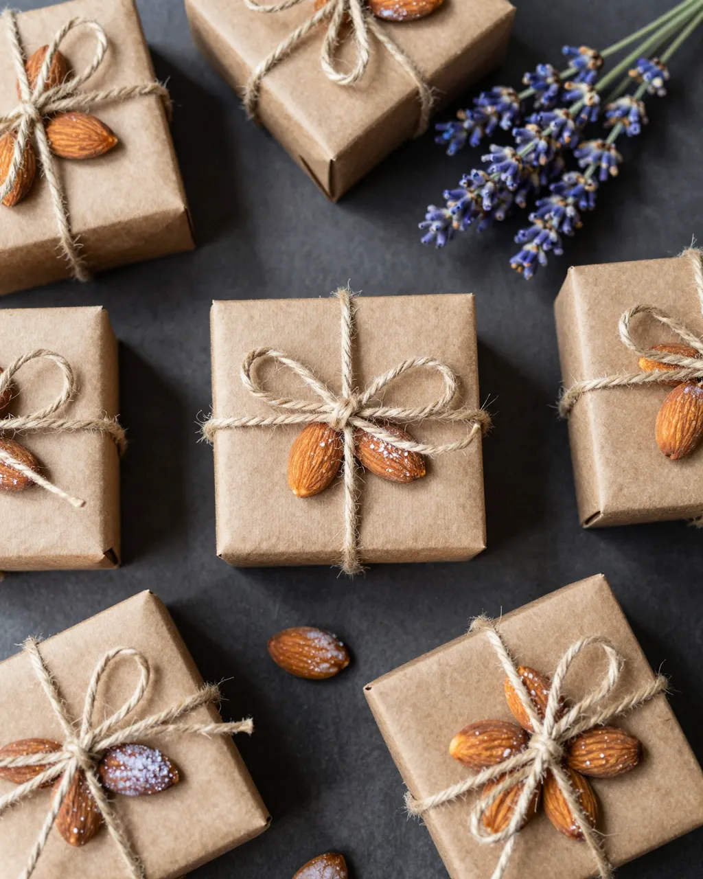 Top down flat lay of kraft paper favor boxes, twine, sugared almonds and lavender on a dark background