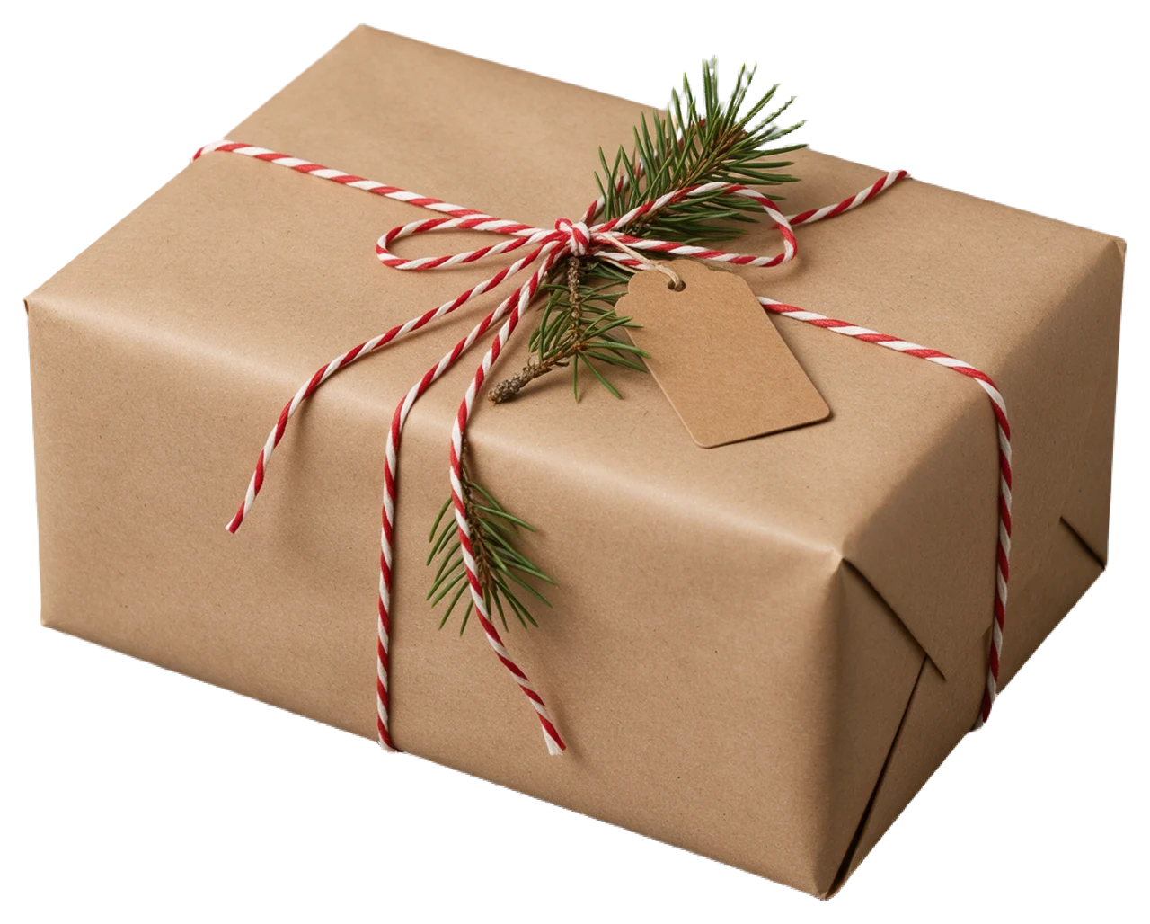 Parcel box wrapped in brown kraft paper, tied with red and white twine, pine sprig and blank tag