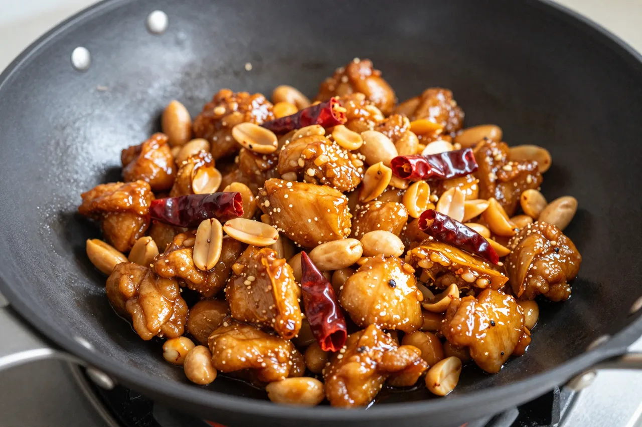 Glossy kung pao chicken with peanuts, dried chilies and sesame seeds sits in a black metal wok.