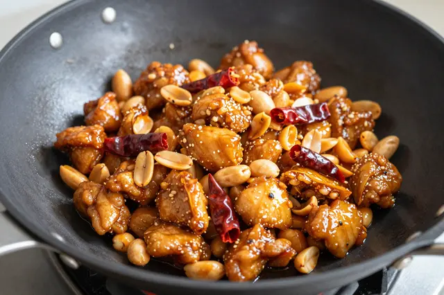 Glossy kung pao chicken with peanuts, dried chilies and sesame seeds sits in a black metal wok.