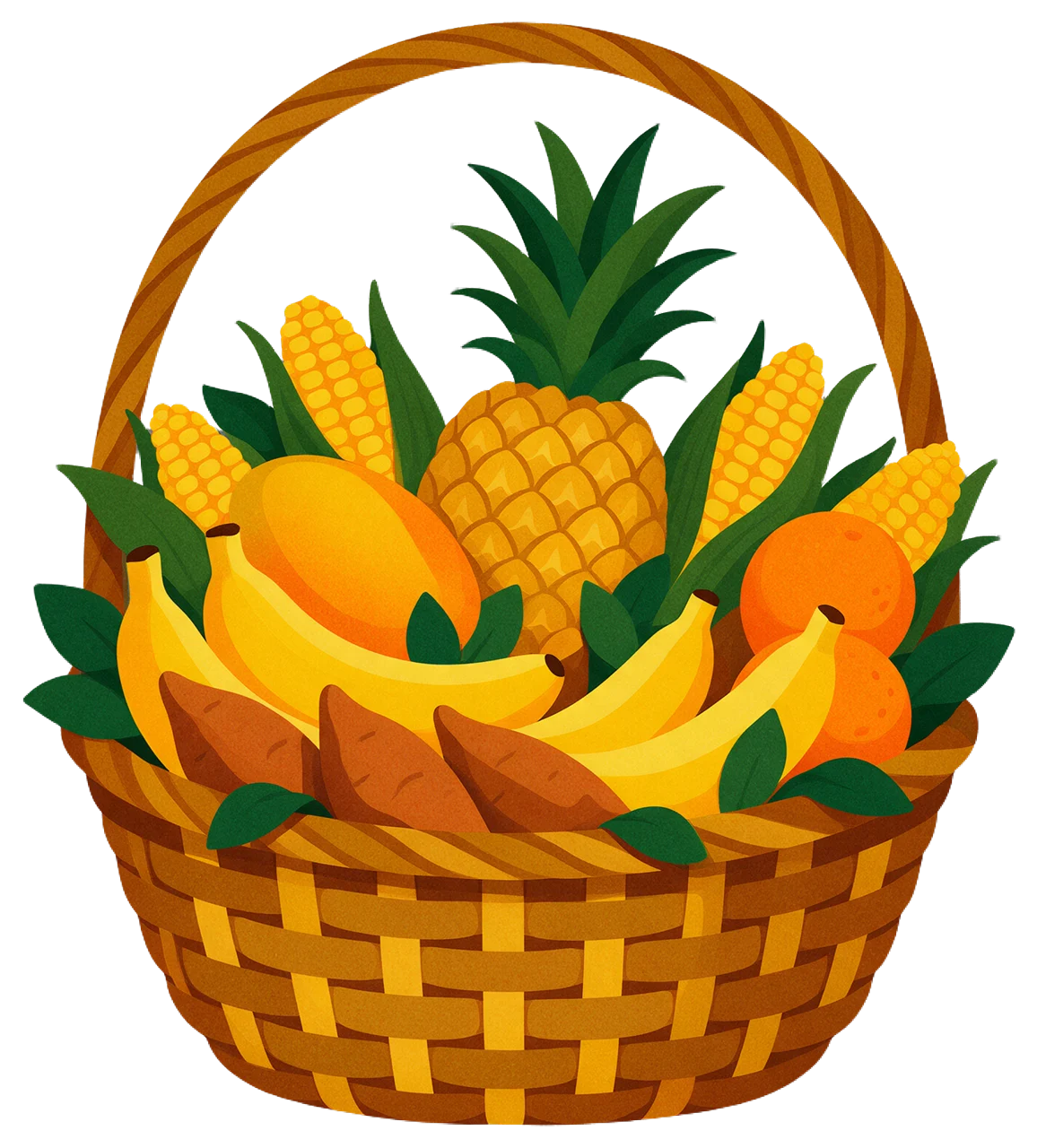 Woven basket filled with harvest fruits and vegetables for Kwanzaa celebration