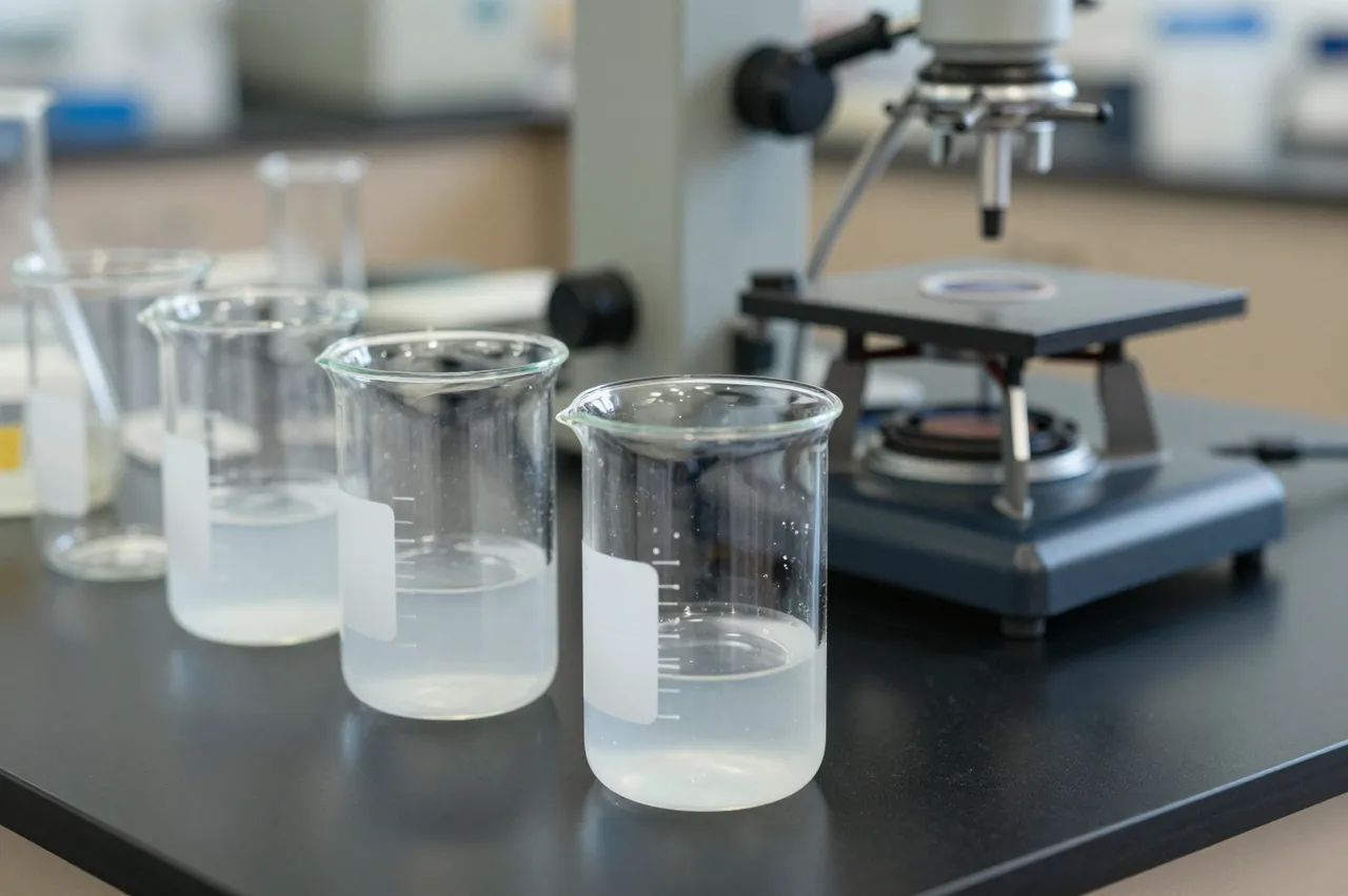 Glass beakers with clear liquid sit next to a microscope on a dark lab bench in a classroom