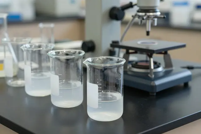 Glass beakers with clear liquid sit next to a microscope on a dark lab bench in a classroom