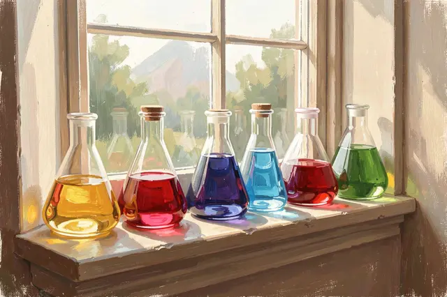 Gouache illustration of colorful laboratory flasks lined on a windowsill catching warm morning light