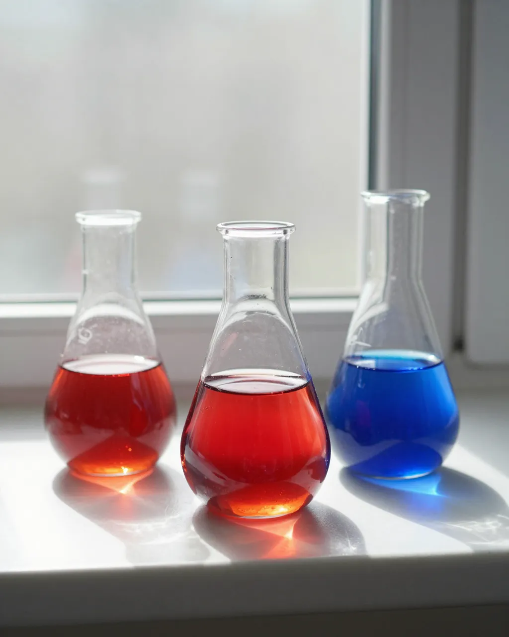 Three round bottom flasks holding red and blue liquid sit backlit on a bright windowsill