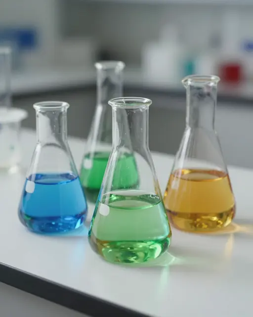 Glass erlenmeyer flasks holding blue, green, and amber liquids rest on a white lab bench