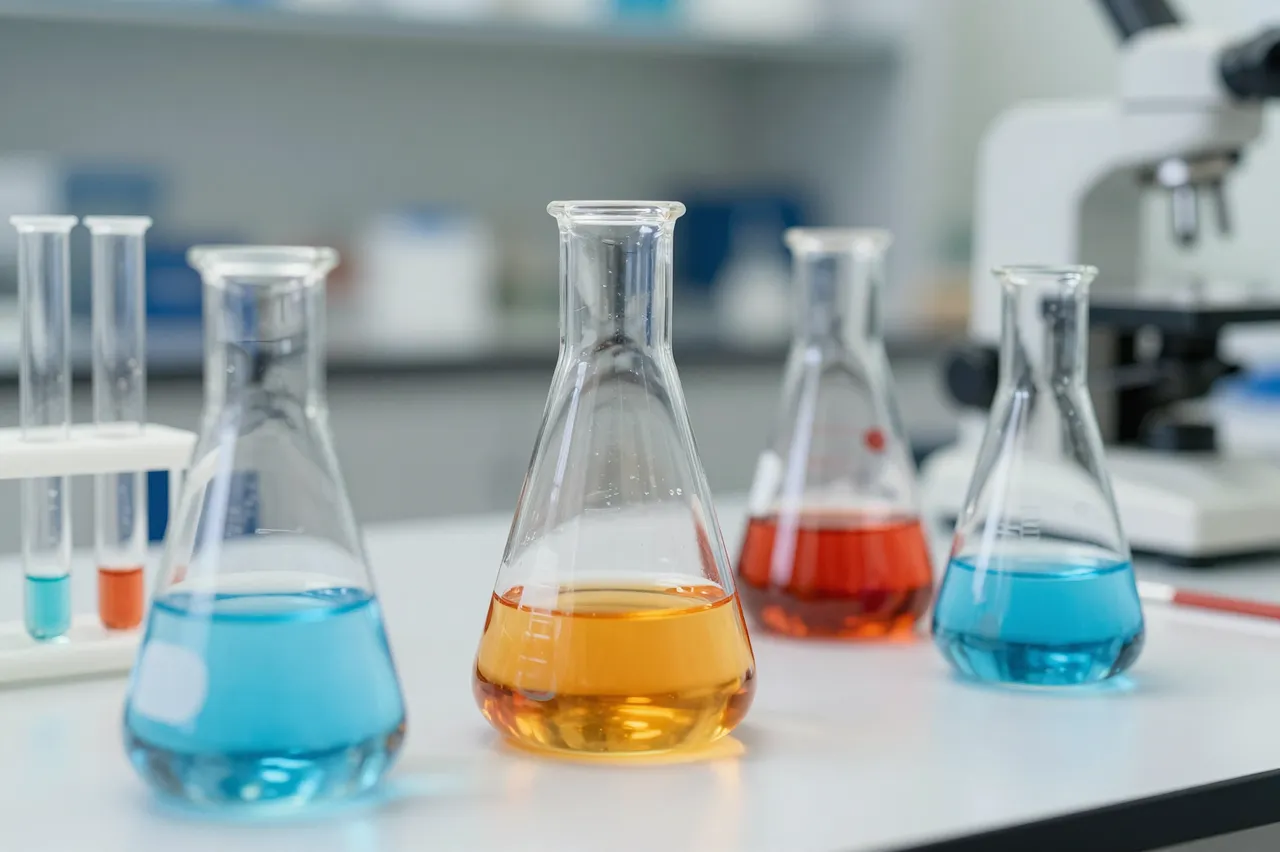 Glass Erlenmeyer flasks and test tubes holding vibrant colored liquids sit on a laboratory workbench.