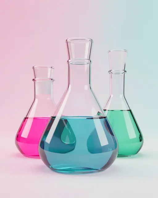 Three glossy glass erlenmeyer flasks holding bright pink, teal, and turquoise liquid sit on a pastel gradient background.