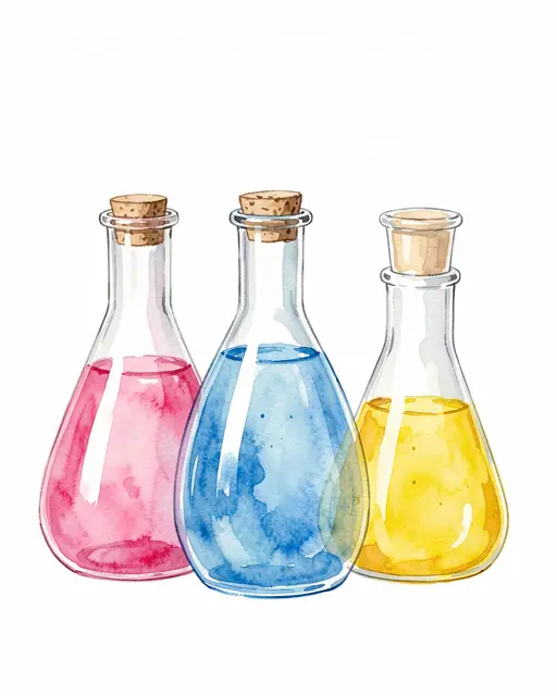 Watercolor illustration of three corked glass flasks holding pink, blue, and yellow liquid on a plain white background.